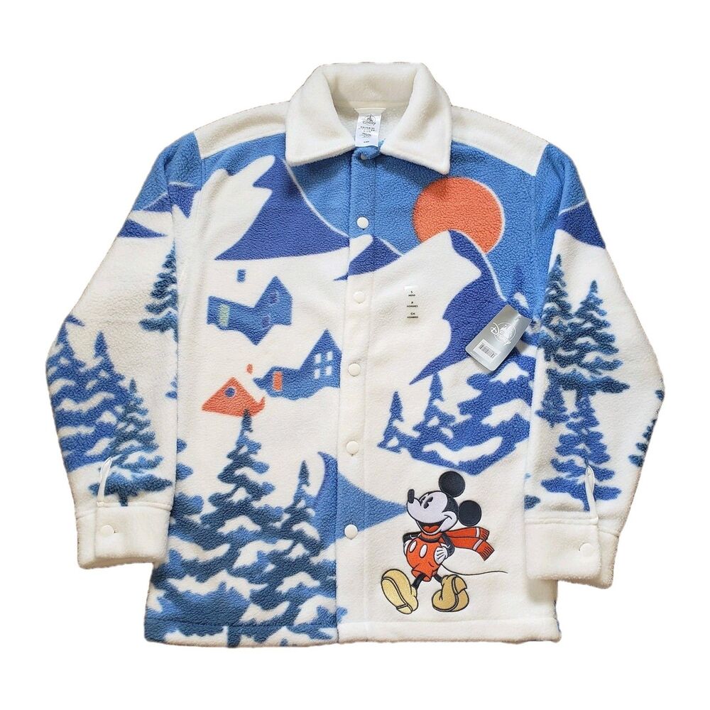 D25 Disney Winter Scene Polar Fleece Sz Small Mens Shacket NWT All Over Print